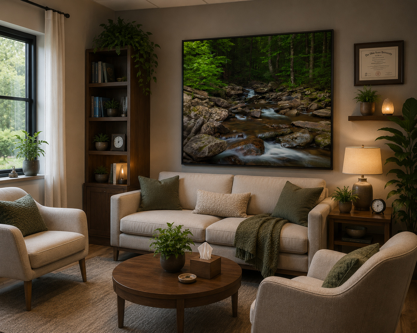 Wellness office with calming forest stream water artwork by Dan Sproul